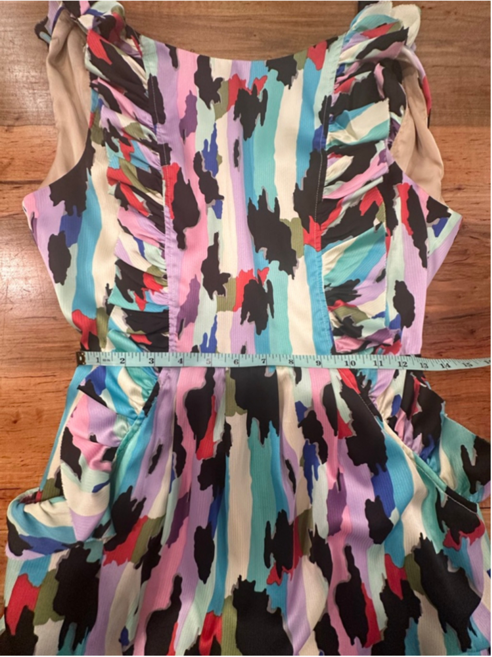 Karlie Ruffle Open Back Abstract Print Mini Dress with Pockets - Size M - Picture 11 of 14